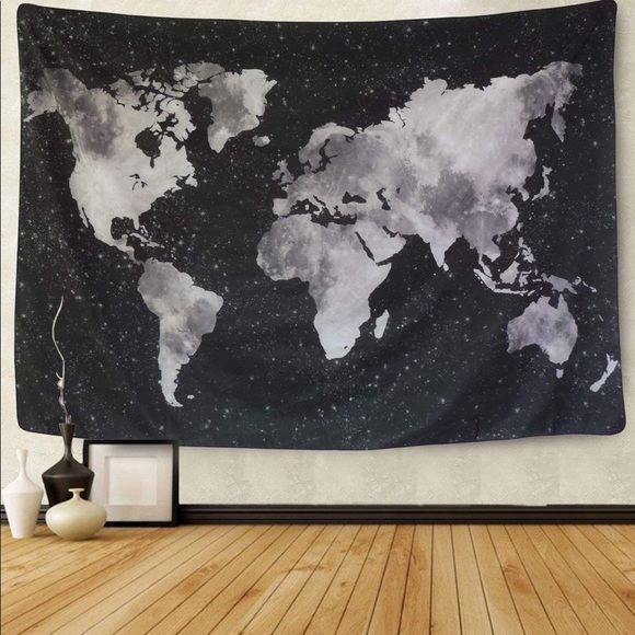 Black & White World Map Wall Hanging Tapestry - Picture 3 of 6